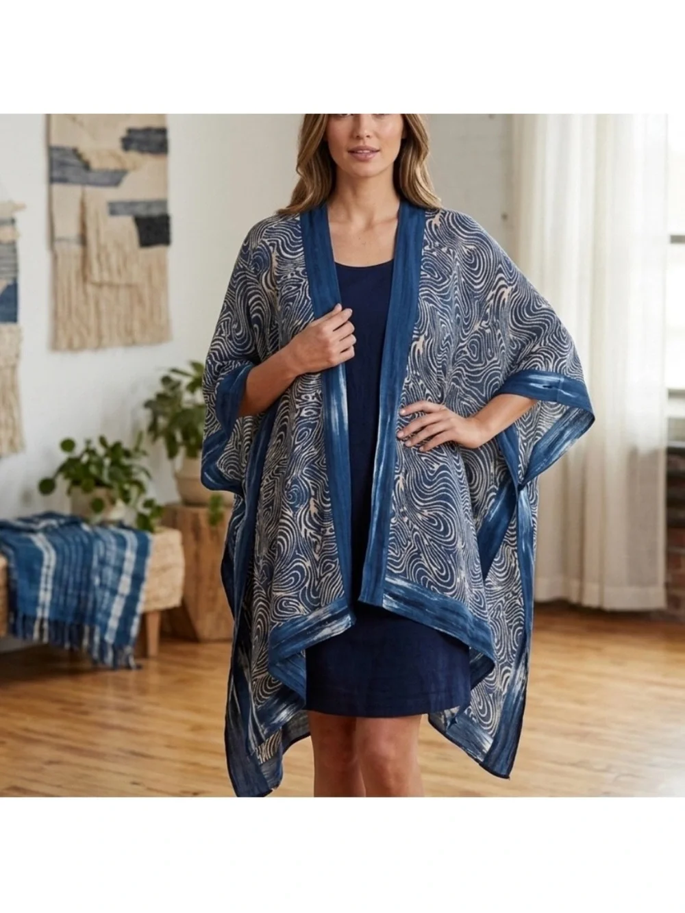 Soft Surroundings Blue Swirl Print Kimono Cardigan One Size Boho Hippie Artsy